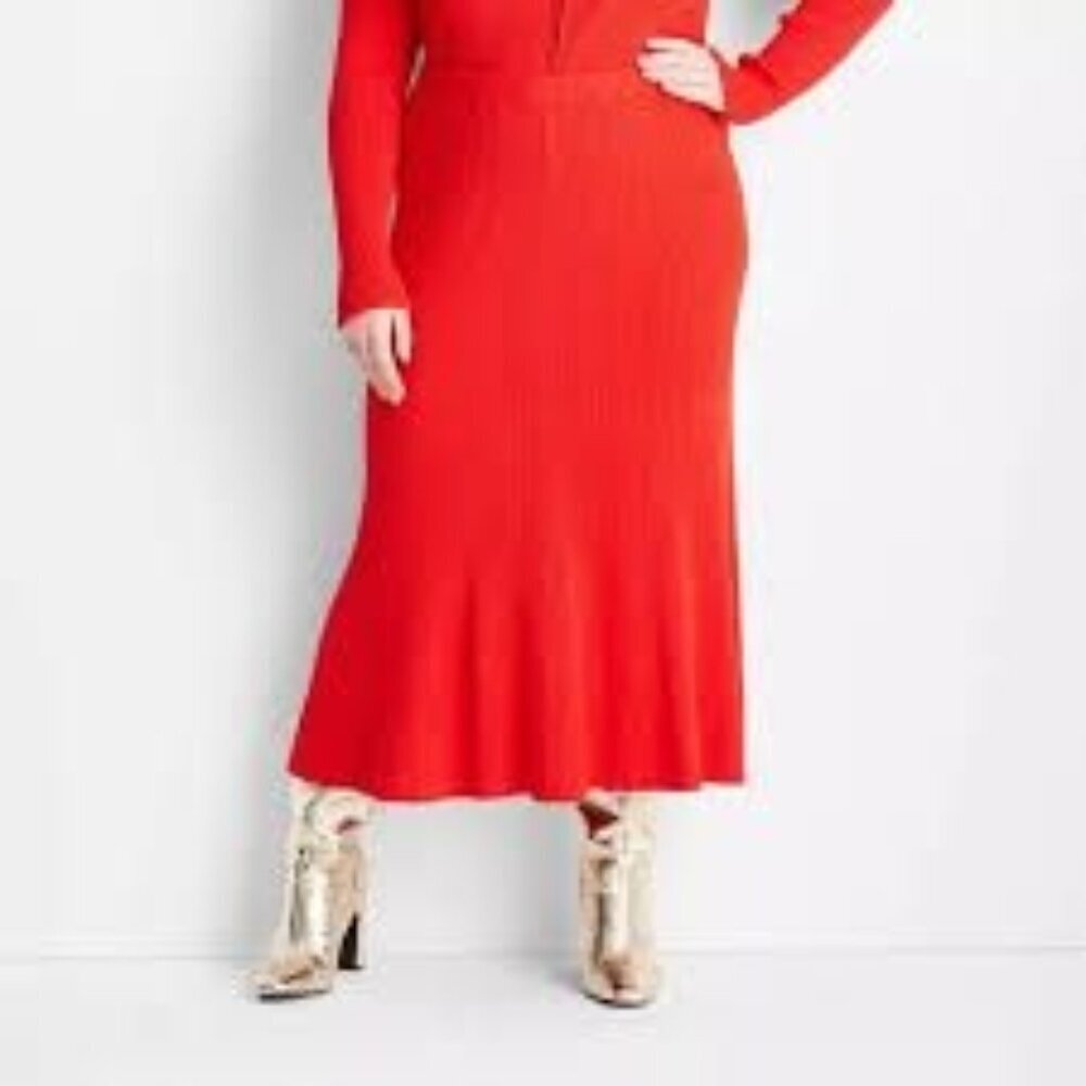 Future Collective NWT Women's Midi Skirt Rib Knit Pull On Orange Size 2X Office